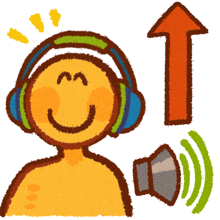  a yellow person wearing green & blue headphones while looking happy , next to them there is a volume symbol & on top of it an arrow pointing up , indicating loud .